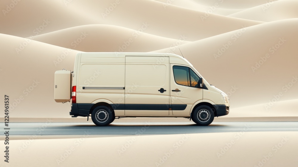 A white van parked on a road amidst golden sand dunes, showcasing a minimalist and tranquil desert landscape. A white van parked on a road amidst golden sand dunes, showcasing a minimalist and tranquil desert landscape.