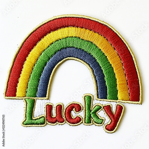 An embroidered St. Patrick's Day patch featuring a rainbow, pot of gold, and the text 