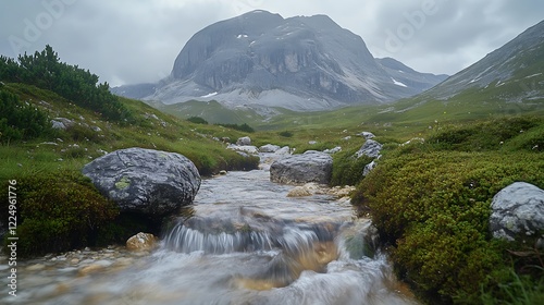 Photorealistic Mountain Landscape with a Tranquil Flowing Stream