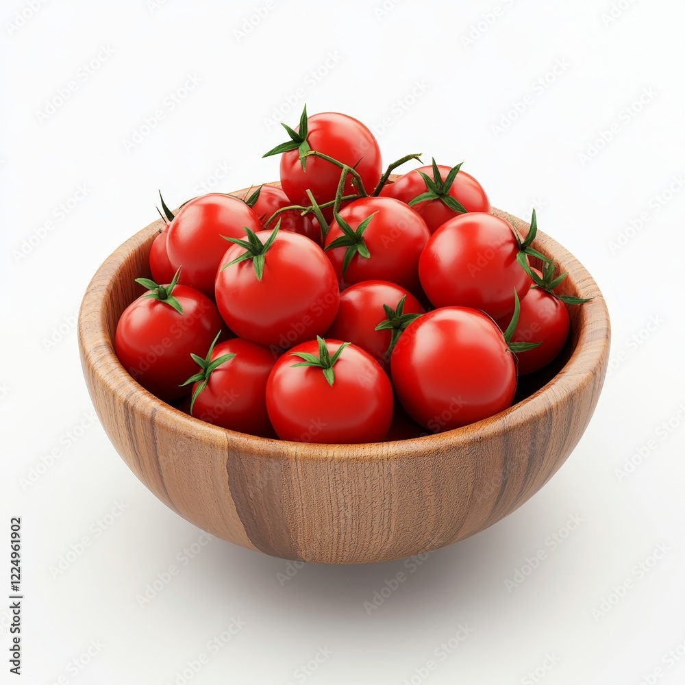 Realistic 3D Rendering of a Wooden Bowl Filled with Fresh Tomatoes Realistic 3D Rendering of a Wooden Bowl Filled with Fresh Tomatoes