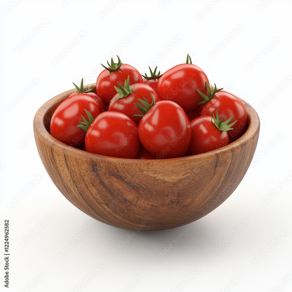 Detailed 3D Illustration of Rustic Wooden Bowl with Fresh Tomatoes Detailed 3D Illustration of Rustic Wooden Bowl with Fresh Tomatoes