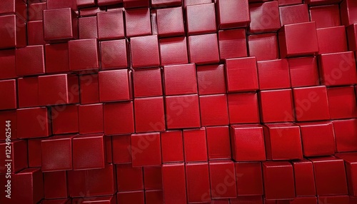 Striking 3D Futuristic Wall Design with Polished Red Tiles A Symphony of Geometric Shapes in a Minimalist Setting, Perfect for Modern Interiors and Architectural Innovations. photo