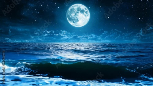 Full Moon Over Dark Blue Ocean at Night With Stars and Clouds