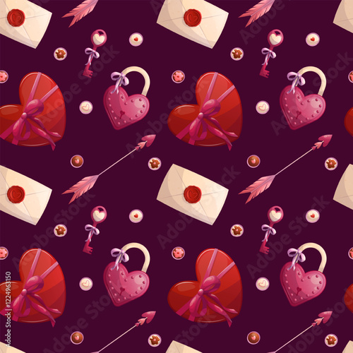 Seamless pattern with key, lock, letter, arrow, Valentine's day chocolates on pink background. The concept of romance, love. Vector illustrations for posters, banners, postcards, invitations