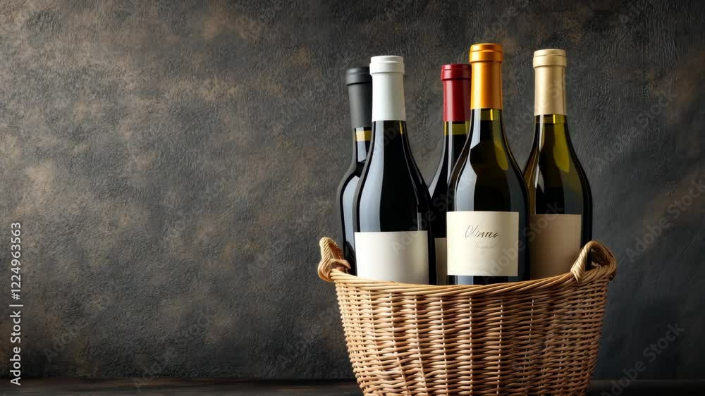 A variety of elegant wines displayed in a woven basket against a textured background, perfect for a tasting experience A variety of elegant wines displayed in a woven basket against a textured background, perfect for a tasting experience