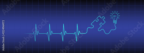 Blue medical monitor editable heart rhythm illustration with puzzle piece, light bulb vector design to use for healthcare, business idea, healthy lifestyle, brainstorm concept illustration projects. 