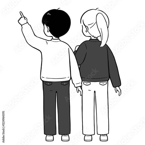 小学生 男女で相談 シンプルな後ろ姿のモノクロイラスト