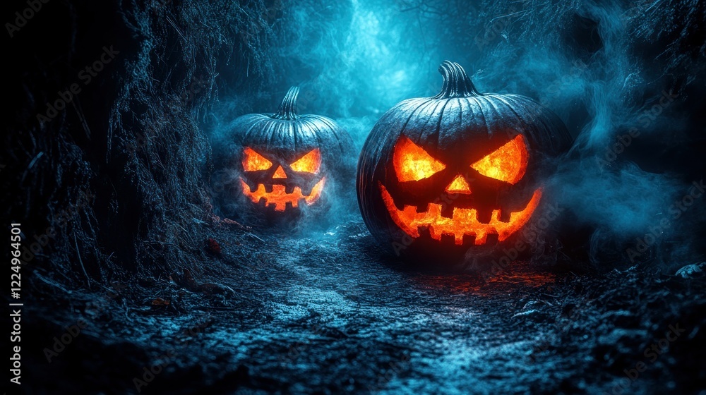 Naklejka premium Eerie Halloween Night: Glowing Jack-o'-lanterns in a Spooky Forest