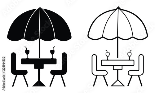 Terrace café vector icon set. Table and Chairs in a Summer Restaurant, umbrella street, city, Rooftop coffee, garden restaurant table. Vector illustrator.
