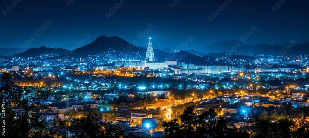 Fototapeta premium Illuminated Pyongyang Skyline with Ryugyong Hotel Towering Over City at Night, North Korea
