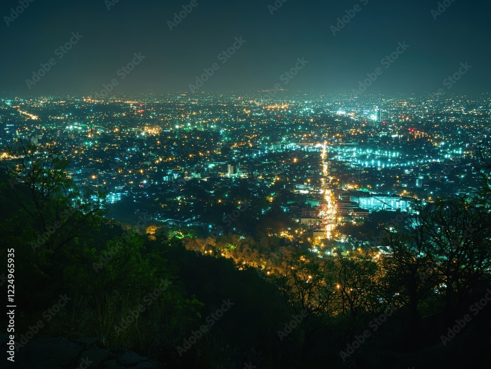 Obraz premium City lights glow at night from a high vantage point with dark trees in the foreground