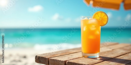 Refreshing Iced Citrus Beverage on a Wooden Table by the Ocean