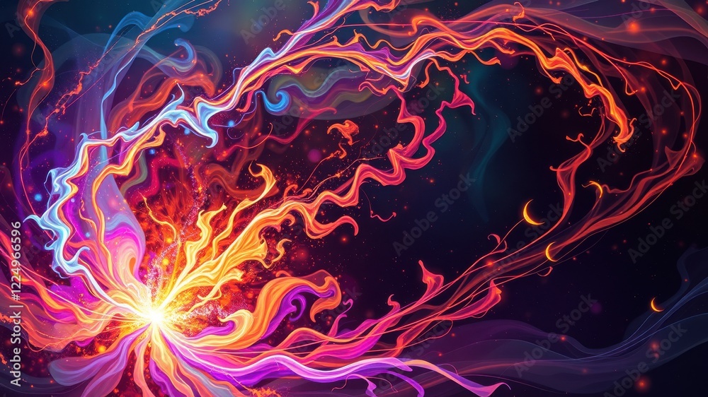 Obraz premium A vibrant abstract design featuring swirling colors of orange, blue, and pink against a dark backdrop, conveying energy and motion.