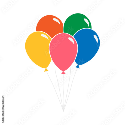 Festive balloons attached to strings, isolated on a white background.
