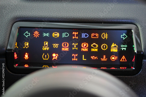 All warning lights illuminated on a new vehicle dashboard