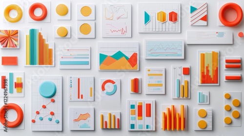 An array of colorful charts and graphs showing statistical data and trends on a white backdrop, suitable for business and financial presentations