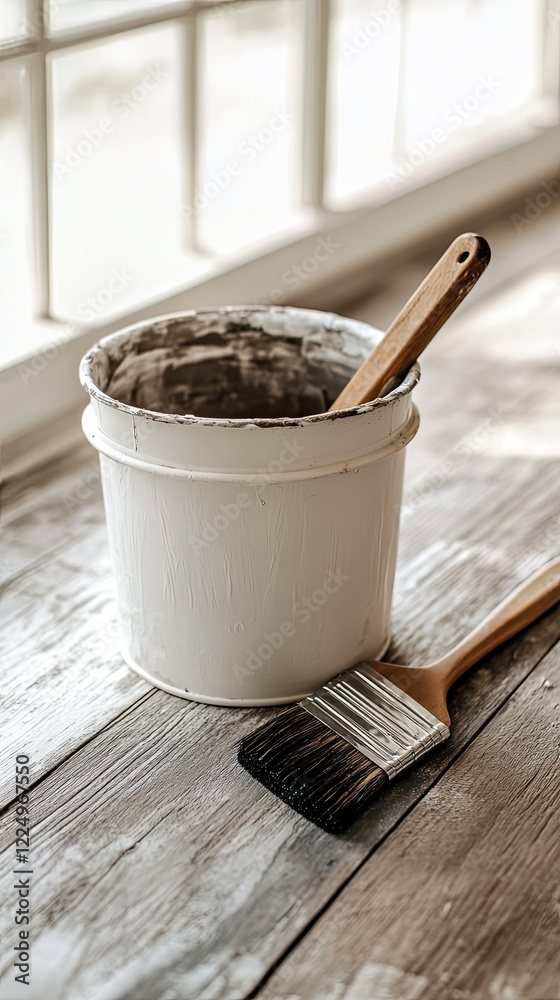 Rustic Paint Bucket and Brush on Wooden Floor Rustic Paint Bucket and Brush on Wooden Floor