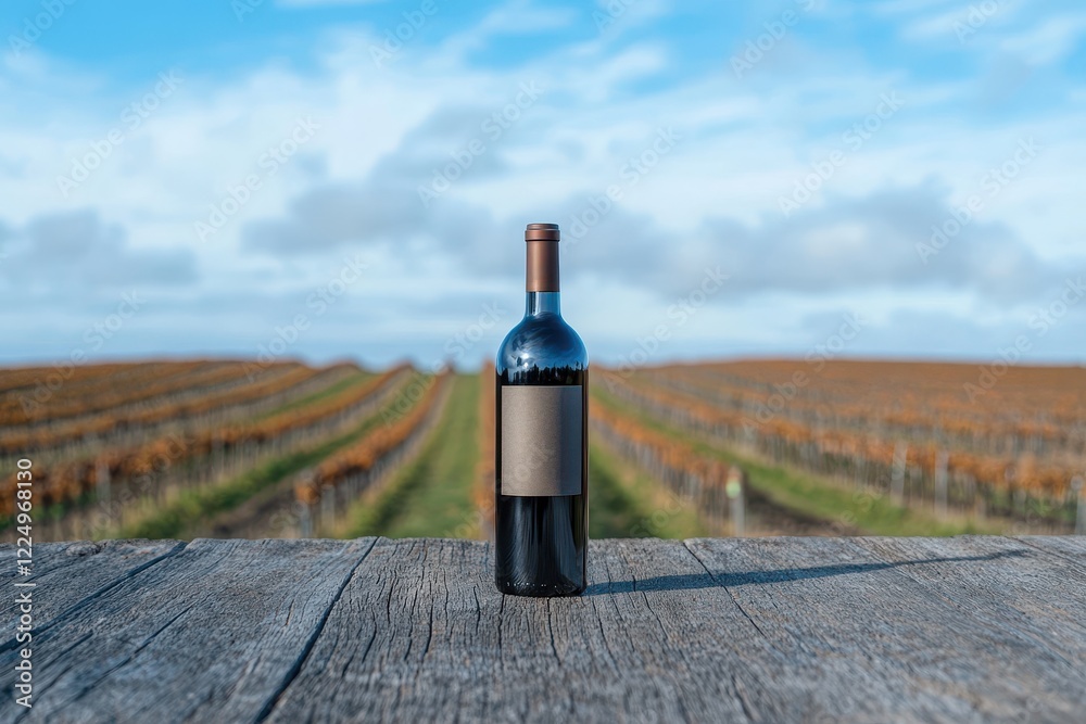 Fototapeta premium Elegant Red Wine Bottle in Vineyard Landscape Under Bright Blue Sky with Scenic Rows of Grapes