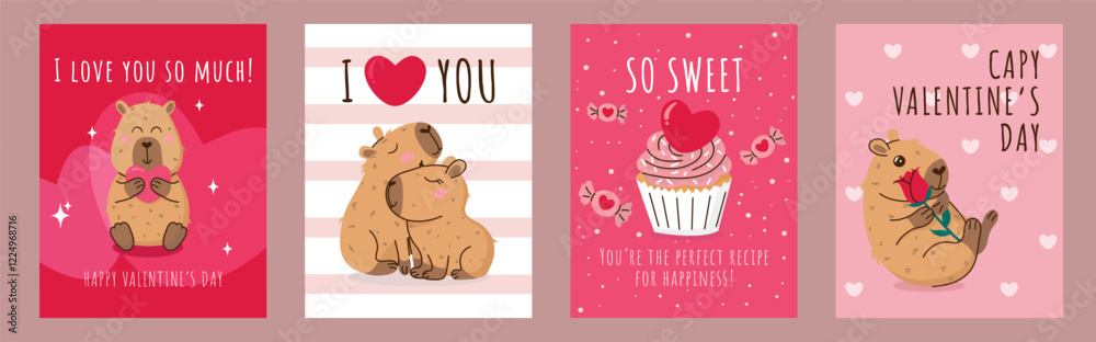 Set of Valentine's Day posters featuring cute capybaras and a cupcake. Romantic messages, pink and red colour palette, perfect for love notes, gift tags and celebrations, fun and quirky style. Set of Valentine's Day posters featuring cute capybaras and a cupcake. Romantic messages, pink and red colour palette, perfect for love notes, gift tags and celebrations, fun and quirky style.