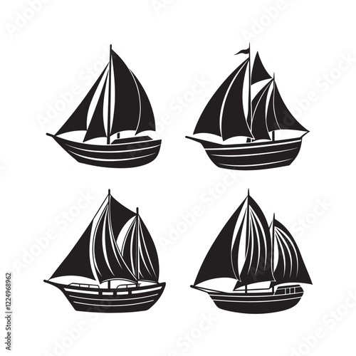 set of sailboat silhouette, black and white silhouette, vector and illustration