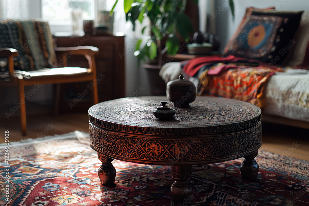 Cozy living room with ornate coffee table, vibrant rugs, and natural light illuminating the space Cozy living room with ornate coffee table, vibrant rugs, and natural light illuminating the space