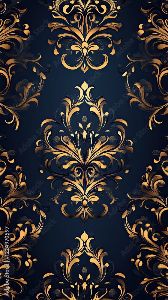 Opulent Navy Gold Damask Pattern Wallpaper Design