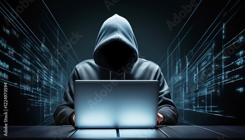 Figura encapuzada utilizando um laptop ou notebook, representando o ato de hacking e segurança digital