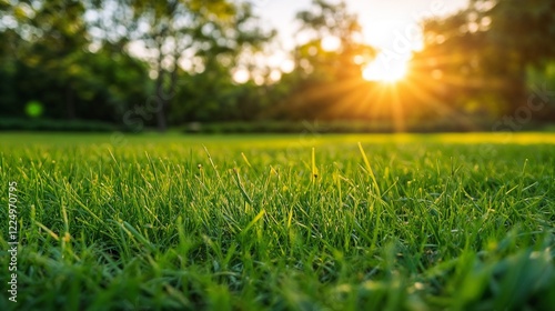 Fresh grass field at sunset with sunburst effect. Perfect for environmental and natural lifestyle concepts.