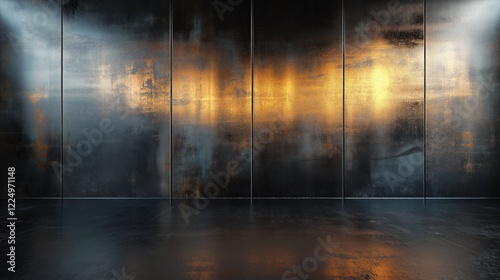 Dark brushed metal surface with warm golden reflections and industrial texture