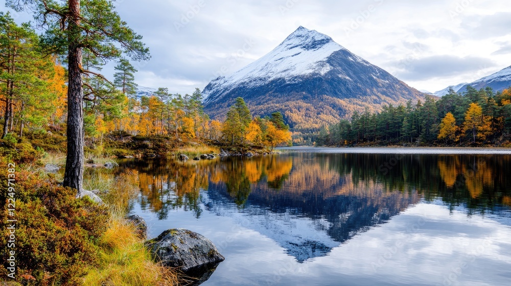 Obraz premium Snow-capped mountain peak reflects in a calm alpine lake surrounded by colorful autumn forest during daytime.