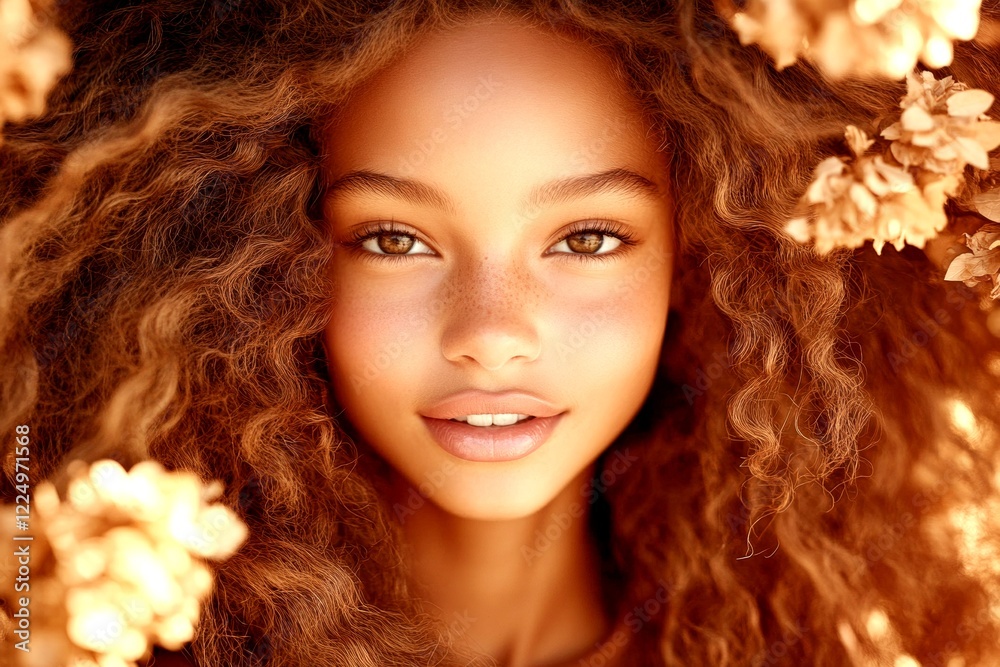 Fototapeta premium Long coiffure - gorgeous bush hair. Attractive smiling mixed-race girl - for ads, banner and social social media ad use. Commercial commercial conceptual art. Black girl inspiration.