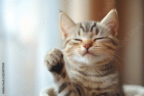 Cute tabby kitten with closed eyes and raised paw in a soft light indoor setting