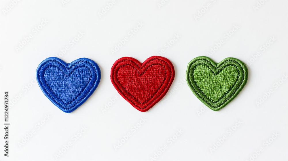 Obraz premium one red, blue and Green heart Embroidered Appliqué Patches, flat lay, front view, white background.