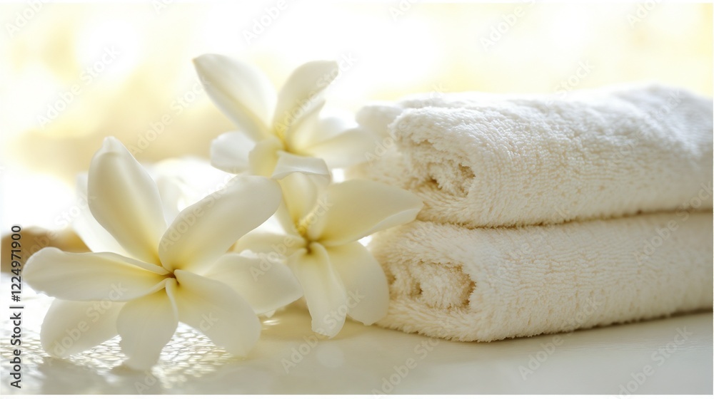 White plumeria flowers with spa towels in soft light. Ideal for wellness and luxury spa services. White plumeria flowers with spa towels in soft light. Ideal for wellness and luxury spa services.