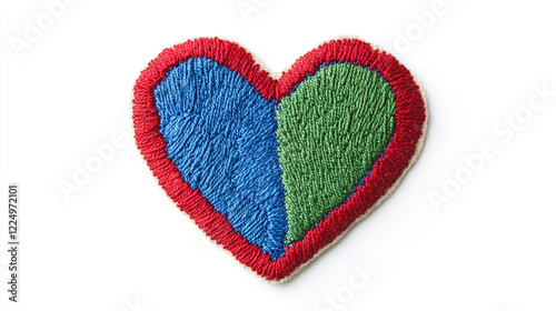 one red, blue and Green heart Embroidered Appliqué Patches, flat lay, front view, white background.