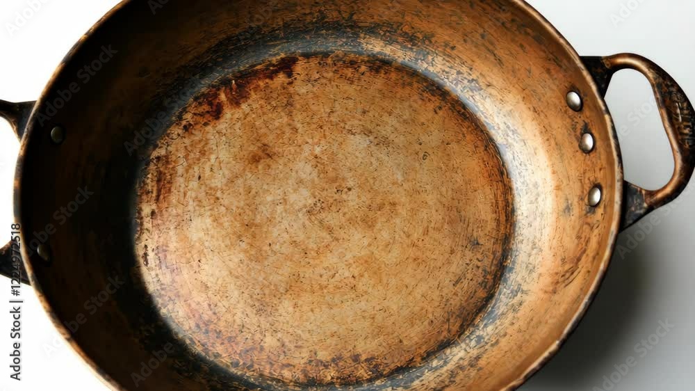 Cookware features a well-used copper pan showing signs of age and wear, perfect for home cooking Cookware features a well-used copper pan showing signs of age and wear, perfect for home cooking