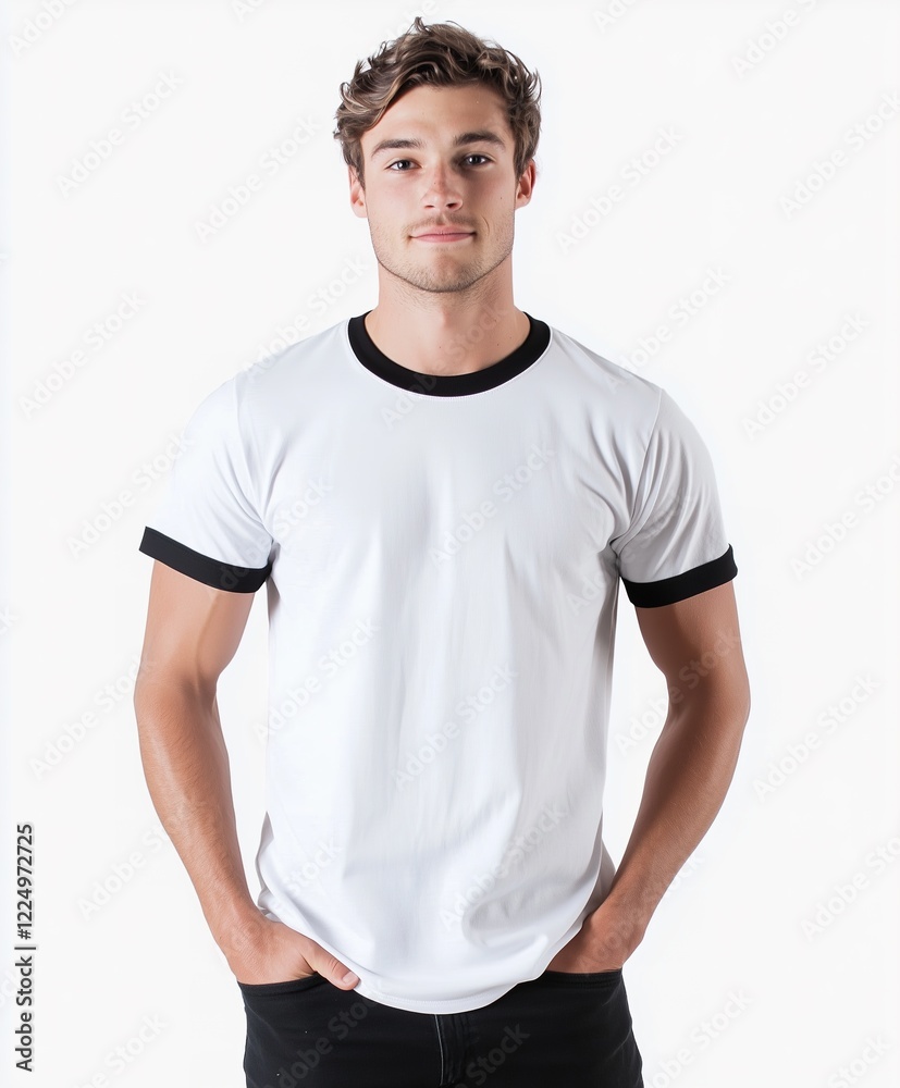 Obraz premium Man Modeling a White Ringer T-Shirt with Black Trim: Casual Apparel Fashion Shot