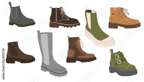 Vector illustration of a set of different types of boots and shoes. casual women footwear flat vector illustrations set