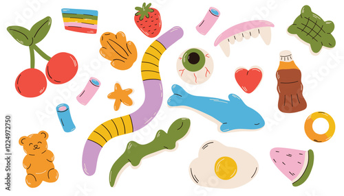 Candy chewy jelly vitamins set. Marmalade candy. Delicious gummy desserts, jelly candy in different shapes. Cute vector illustration set of delicious candy gummy collection