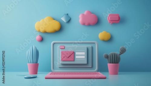 3d Laptop with email notification icon, 3d with digital tools theme, 3d, email icon, digital media, laptop
