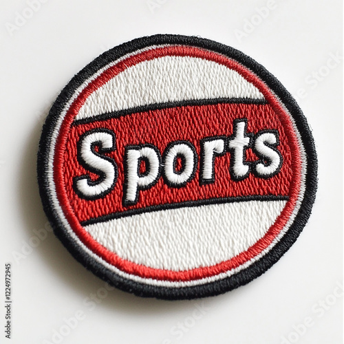Simple embroidered patch featuring the word Sports on a white background.