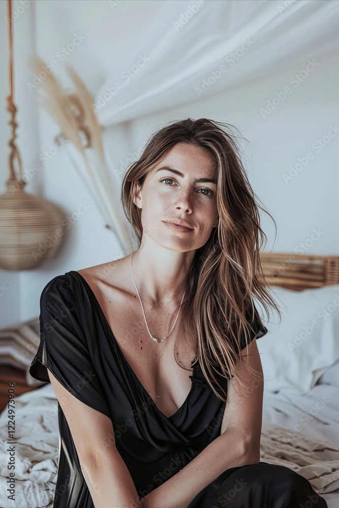 Natural woman in a black dress with loose hair, seated in a boho-inspired bedroom featuring neutral tones and soft lighting Natural woman in a black dress with loose hair, seated in a boho-inspired bedroom featuring neutral tones and soft lighting