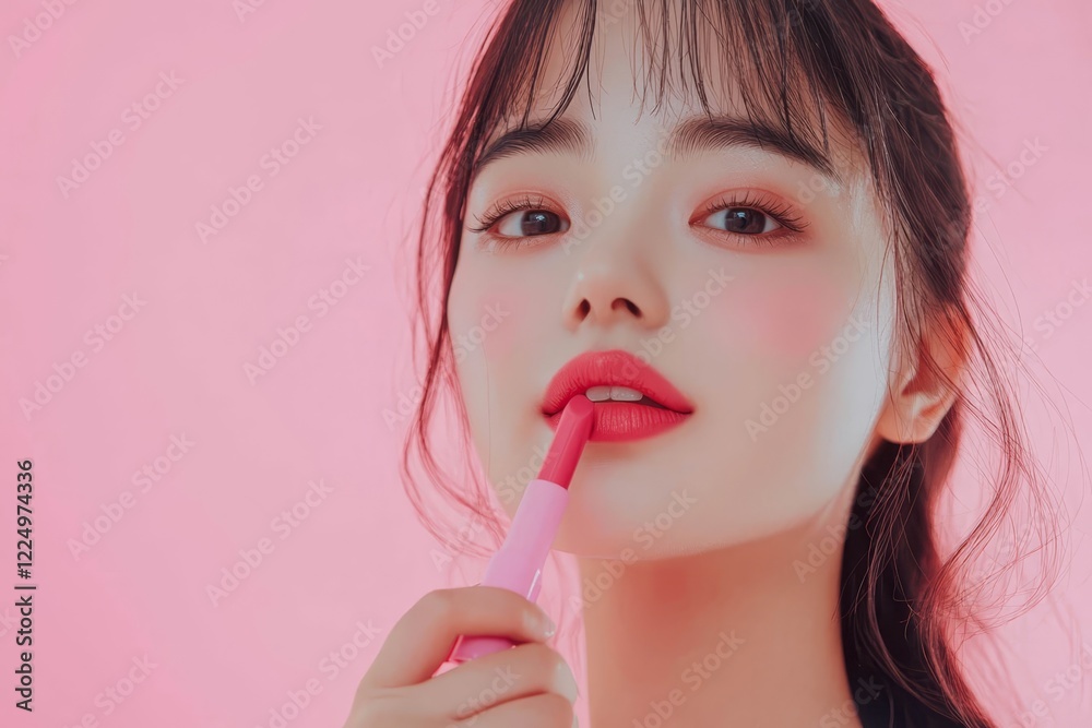 Close up of beauty skincare woman take lipstick on the pink background. Close up of beauty skincare woman take lipstick on the pink background.