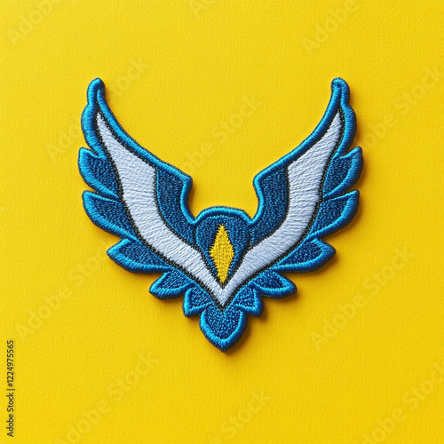 Tabletop photography. Knolling. Cyan, blue, and white stitched emblem badge patch. Iron-on patch on a solid yellow background.