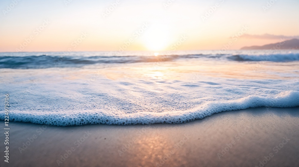 Obraz premium Gentle ocean waves at sunrise on sandy beach. Ideal for wellness and meditation themes.