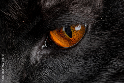Close-up of a black cat's eye showcasing vibrant orange iris and intricate fur details