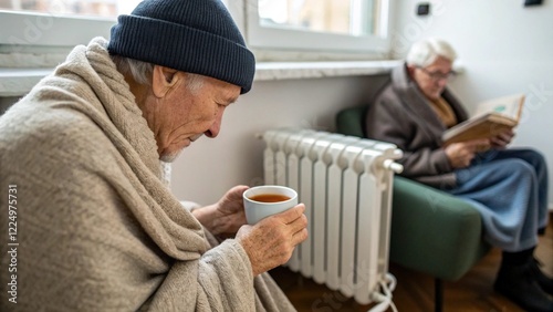 Wallpaper Mural An elderly man in a beanie and blanket drinks from a cup while another older man reads a book near a radiator Torontodigital.ca