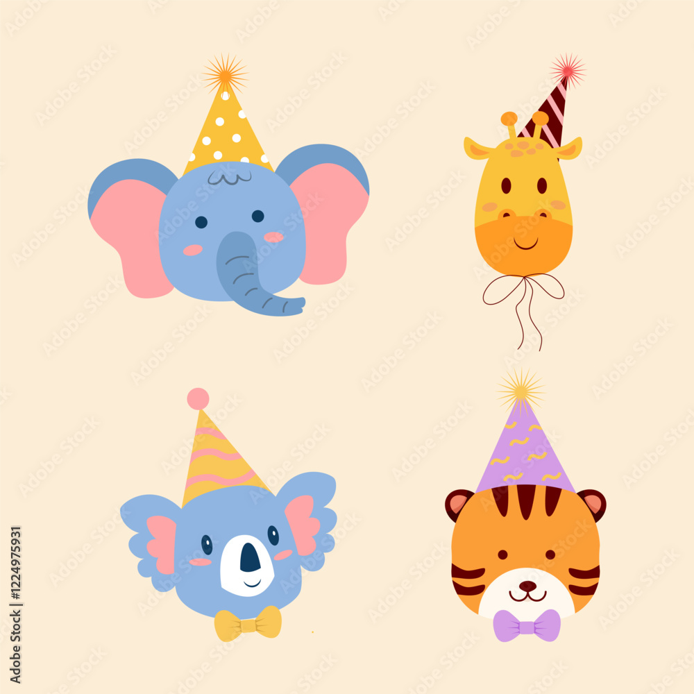 Naklejka premium Animal Birthday Party vector illustration set
