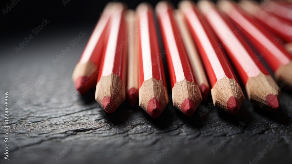 Obraz premium A close-up of several red and black pencils arranged in a diagonal line