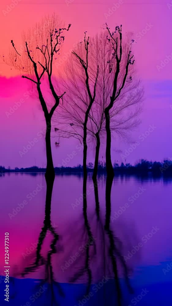 Tranquil sunset reflecting on a calm body of water with silhouetted trees in a serene landscape Tranquil sunset reflecting on a calm body of water with silhouetted trees in a serene landscape